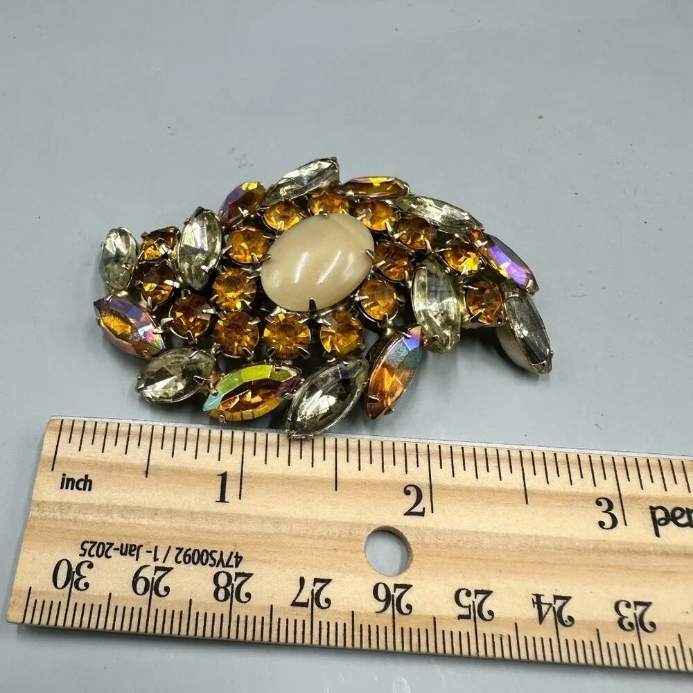 Vintage Amber Color Rhinestone Brooch Silver Tone Navette Aurora Borealis